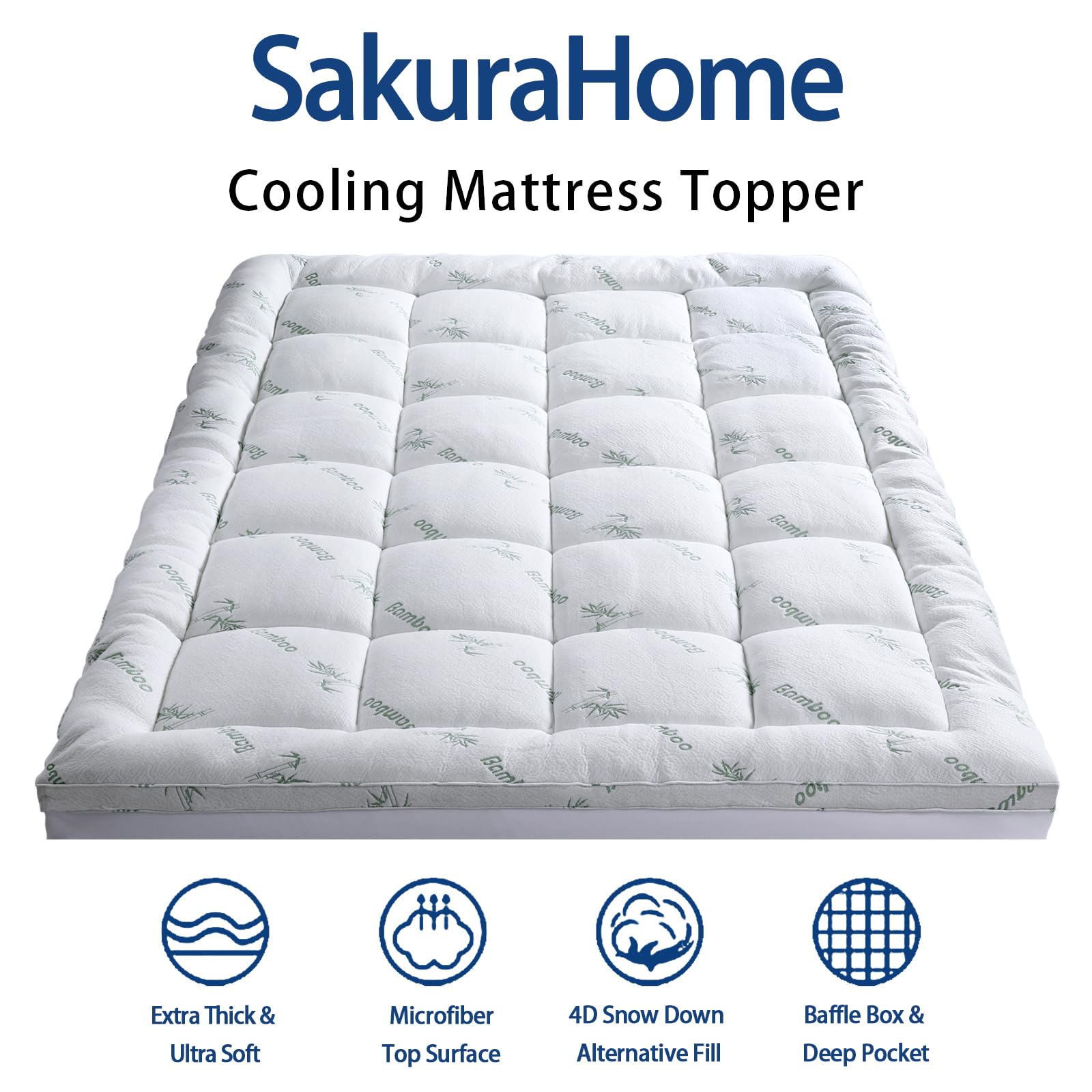 Sakurahome bamboo viscose fabric topper highlights cooling and breathability.