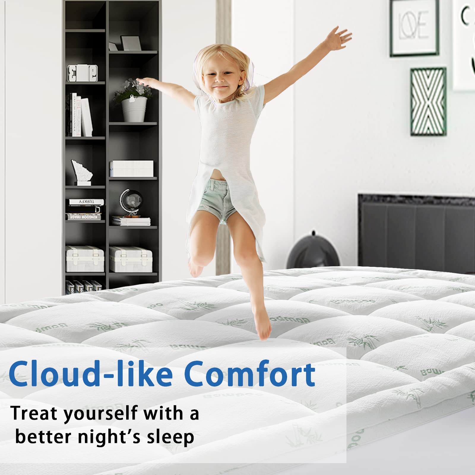 Sakurahome elastic deep-pocket skirt secures topper to an 8–21 inch mattress.
