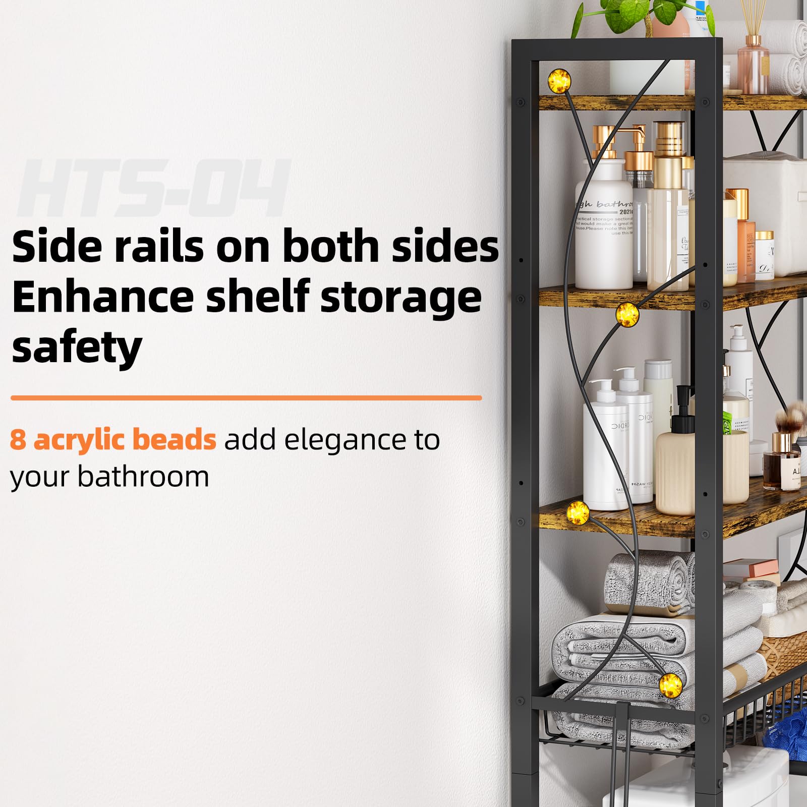 Four shelves provide everyday bathroom storage with easy access.