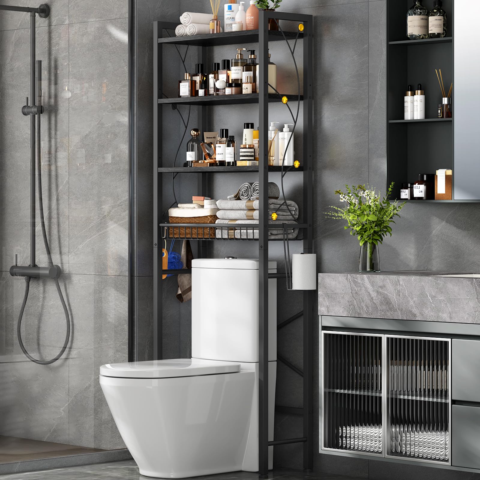 Salakita over-the-toilet storage rack assembly showing sturdy 4-tier design for small bathrooms