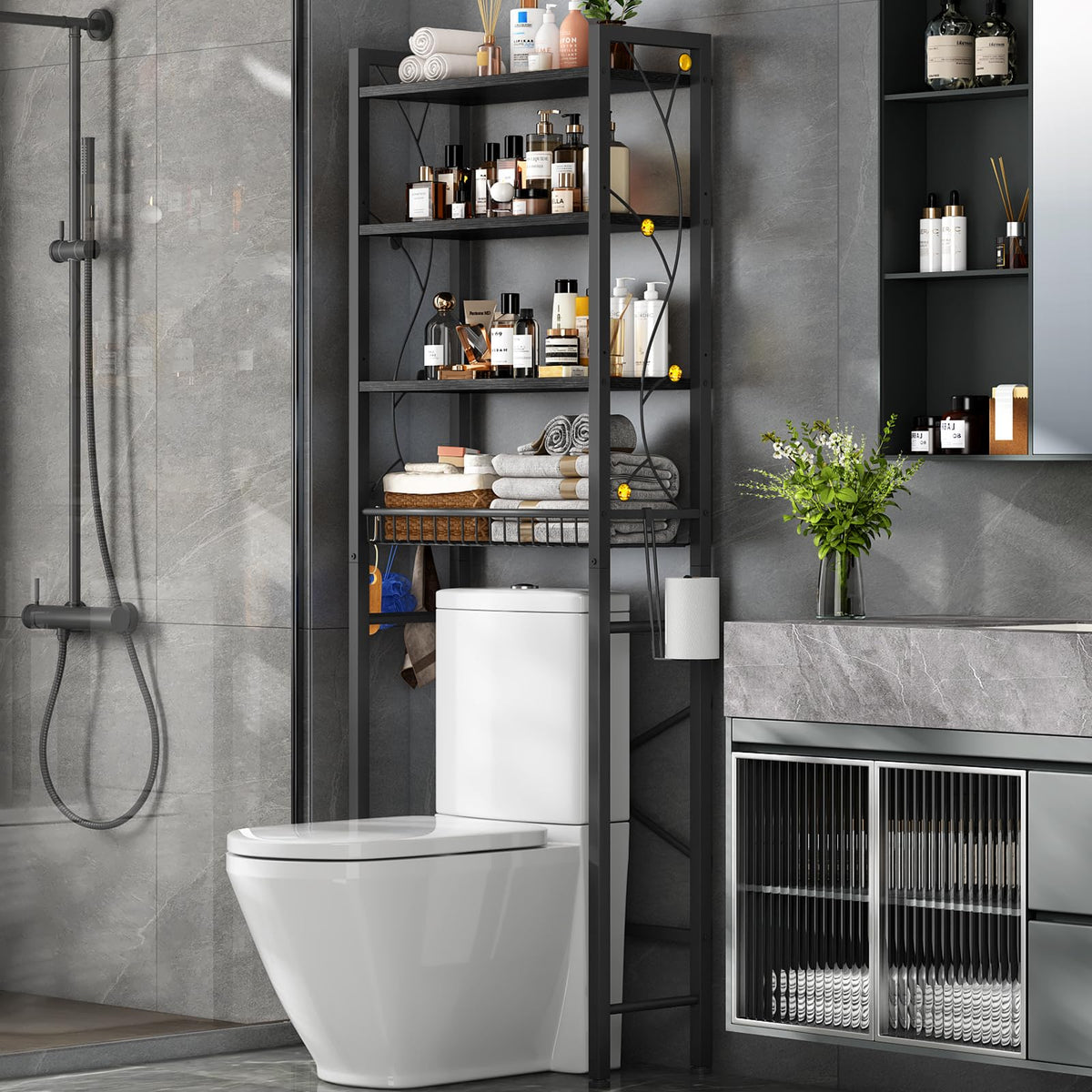 Salakita over-the-toilet storage rack assembly showing sturdy 4-tier design for small bathrooms