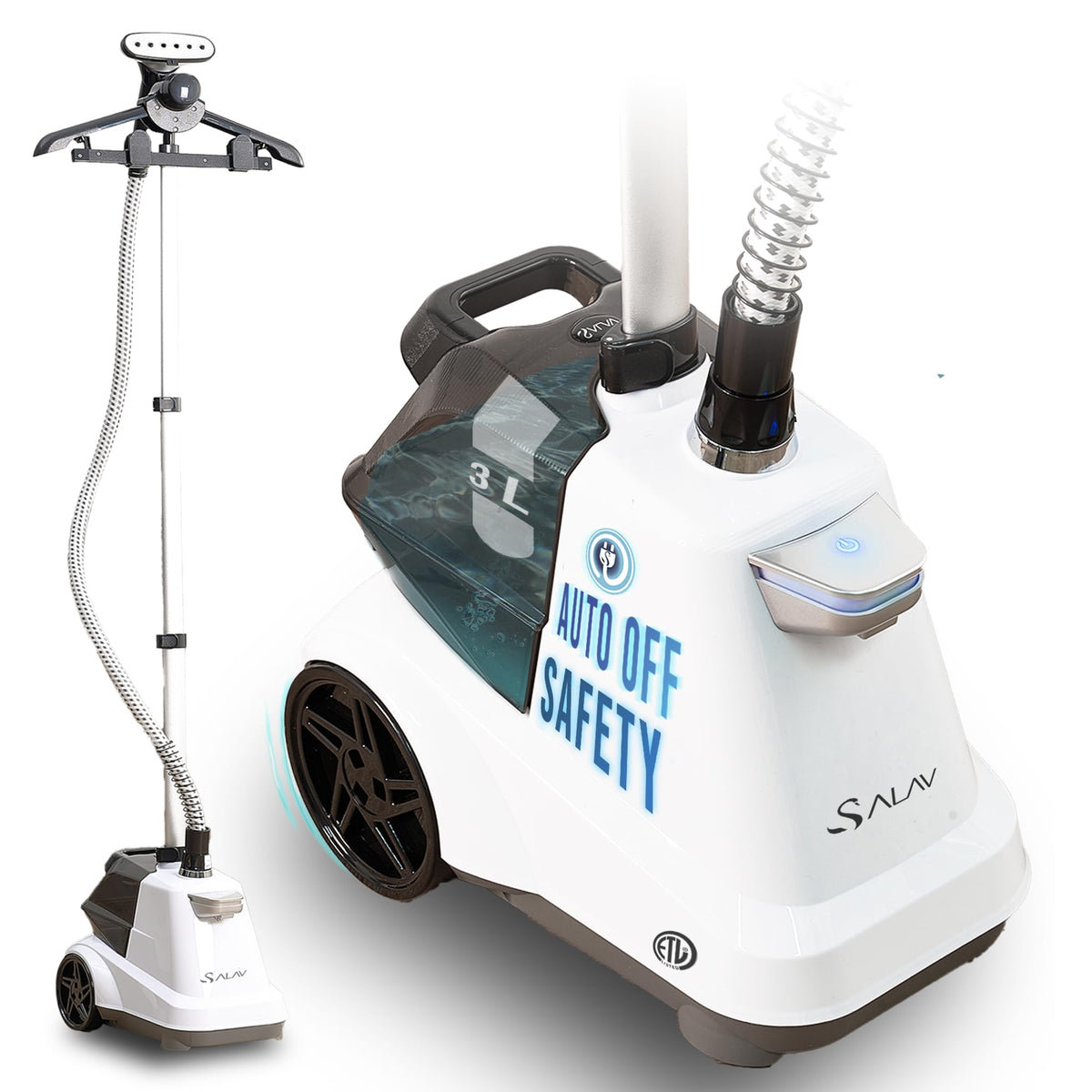 SALAV commercial standing steamer front view for compact home or shop use