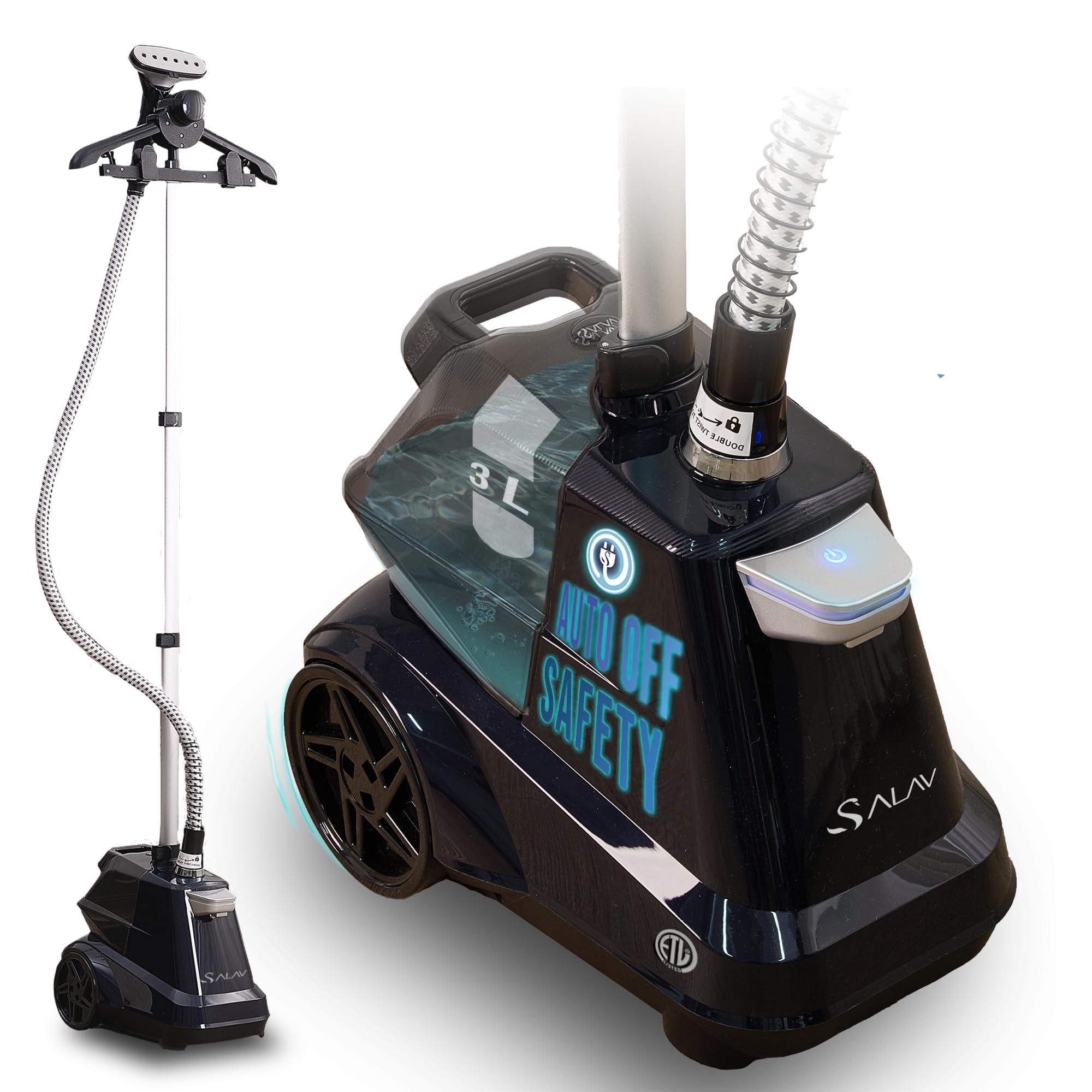 SALAV commercial steamer base setup shows stable mobility for quick garment sessions