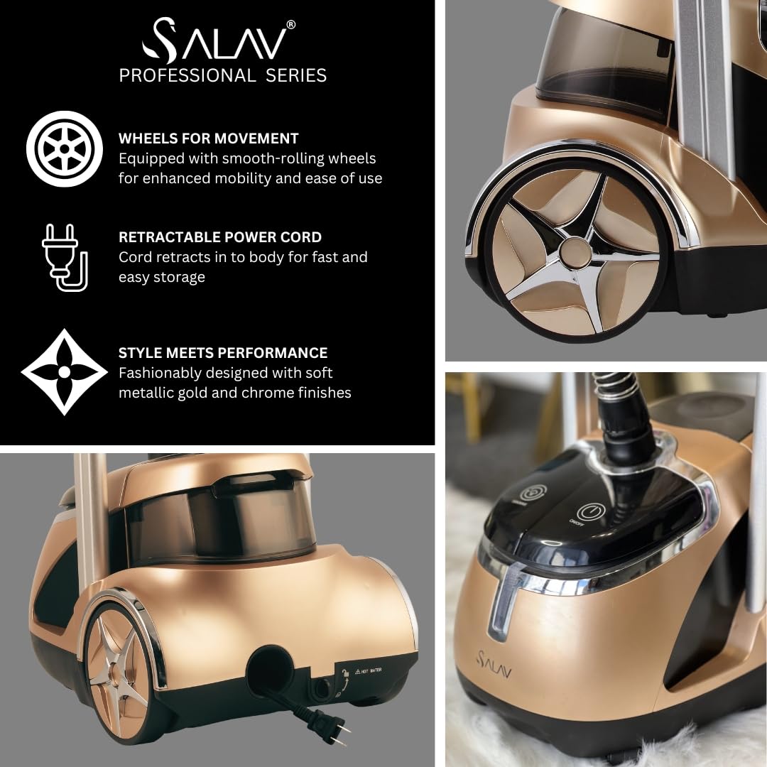 SALAV dual-bar stand with foot pedal enables hands-free steaming.