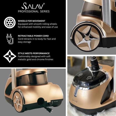 SALAV dual-bar stand with foot pedal enables hands-free steaming.