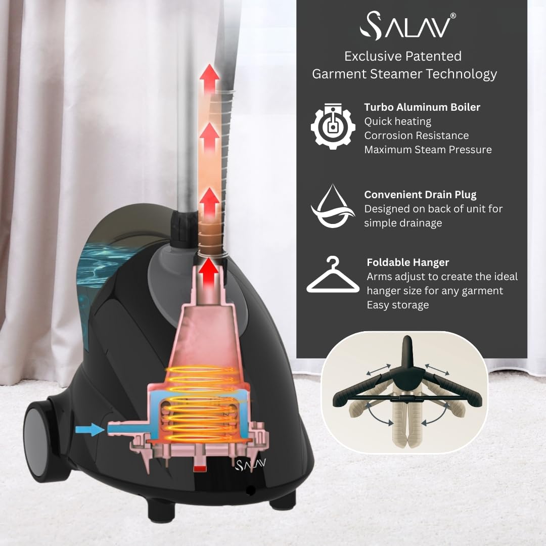 SALAV GS18-DJ adjustable hanger pole fits multiple garment lengths for precise steaming.
