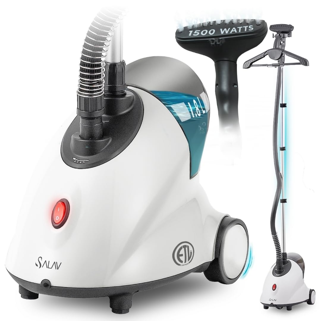 SALAV GS18 full-size clothes steamer, front view, powerful wrinkle relief