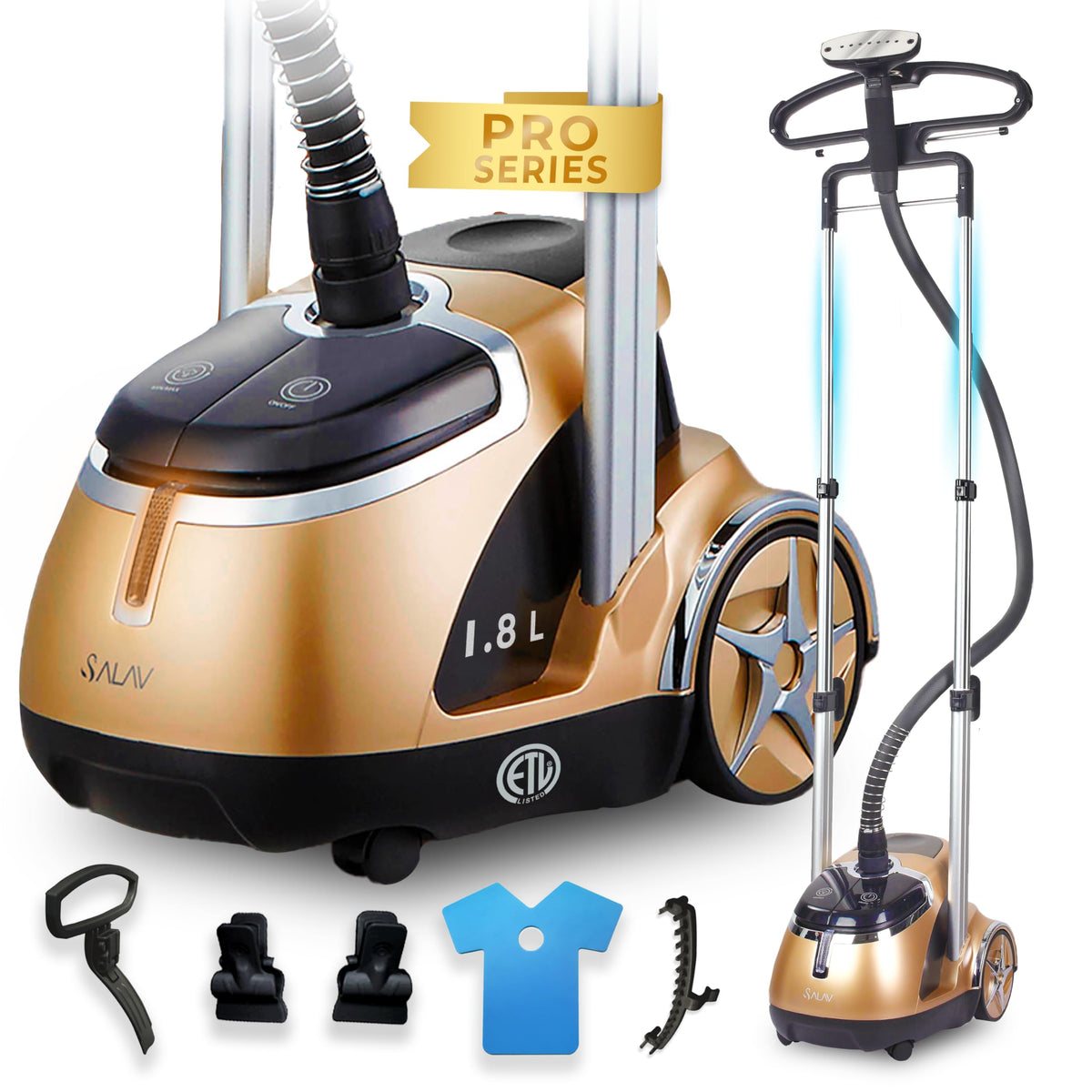 SALAV Limited Edition dual-bar garment steamer front view showing stable frame for quick wrinkle release.