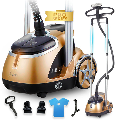 SALAV Limited Edition dual-bar garment steamer front view showing stable frame for quick wrinkle release.