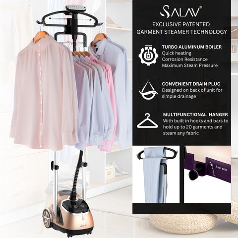 SALAV rolling wheels and telescopic pole improve mobility and storage.