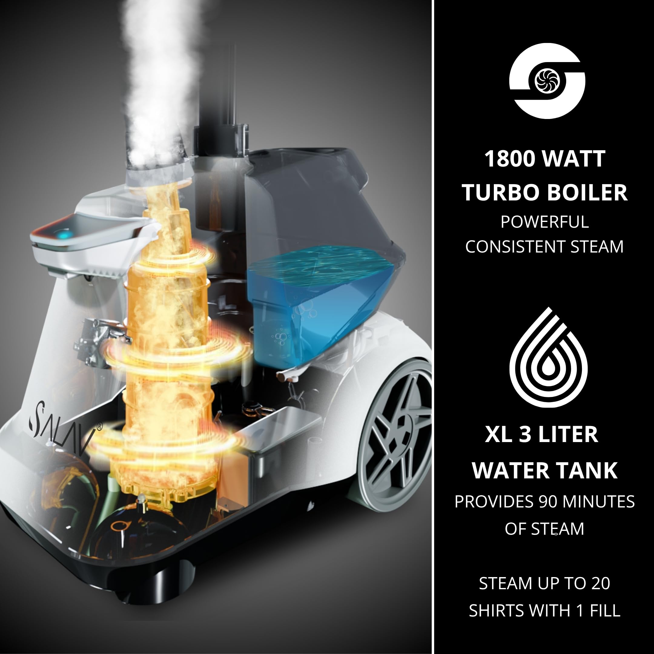 Powerful SALAV steam removes wrinkles from silk to cotton fabrics