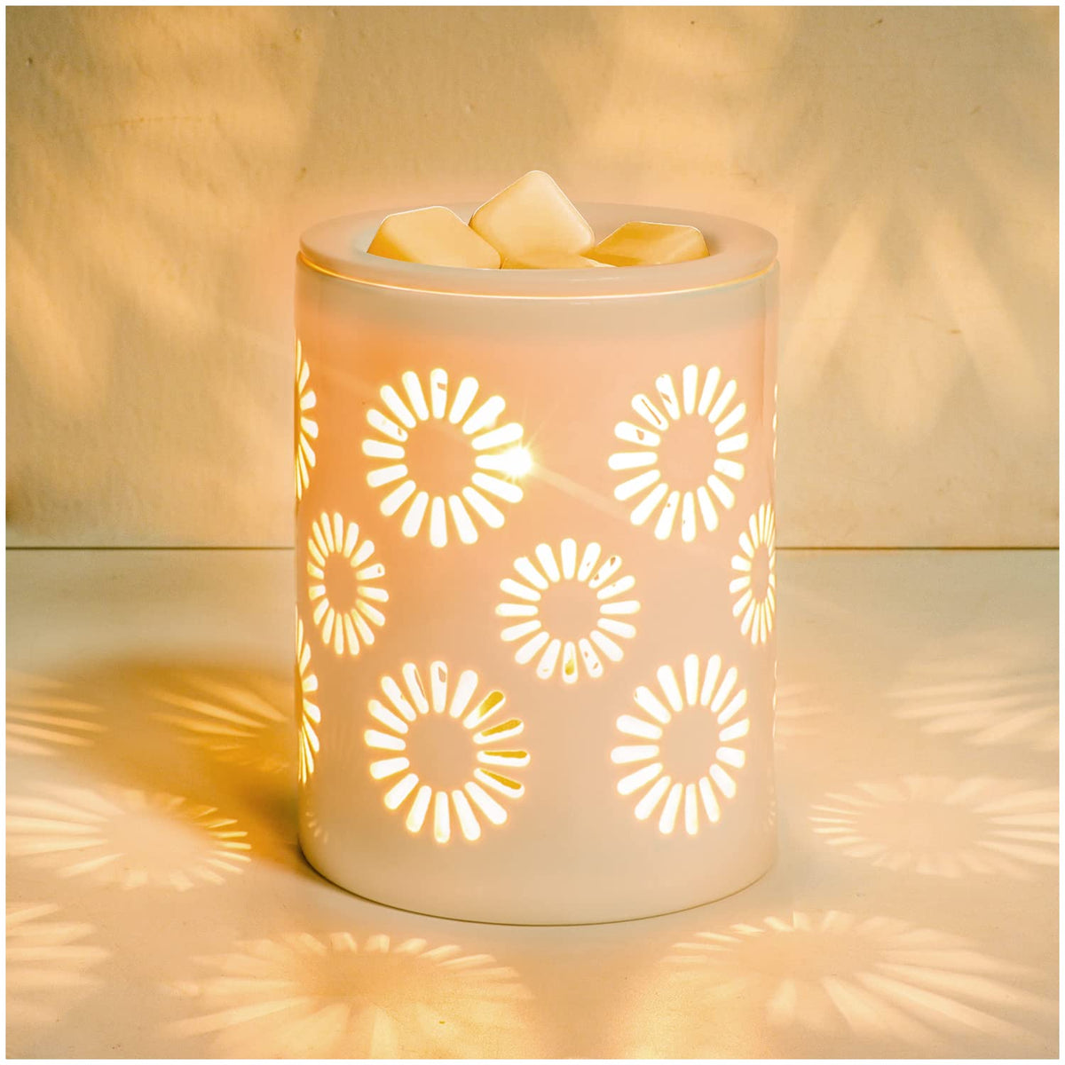 SALKING sunflower wax warmer front view emits a gentle glow for cozy ambiance