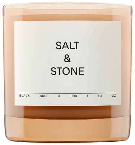 Salt & Stone Black Rose & Oud candle in glass jar for ambiance and style.