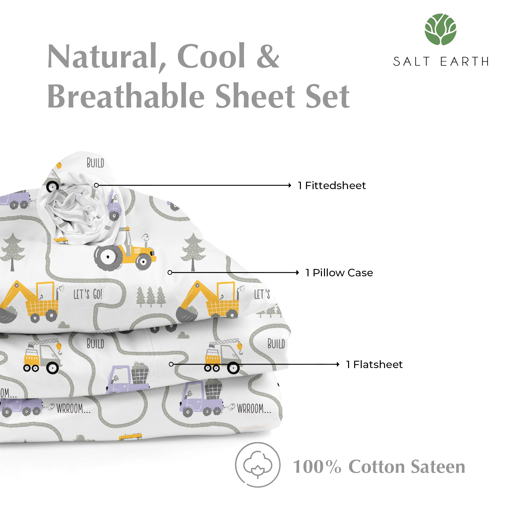 Salt Earth Tractor pillowcase close-up offering soft, skin-friendly comfort