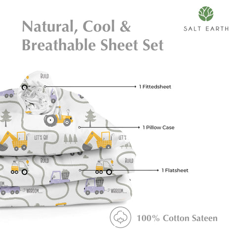 Salt Earth Tractor pillowcase close-up offering soft, skin-friendly comfort