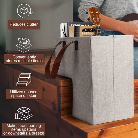 SAM AND MABEL collapsible stairstep basket folds flat for tidy storage when not in use.