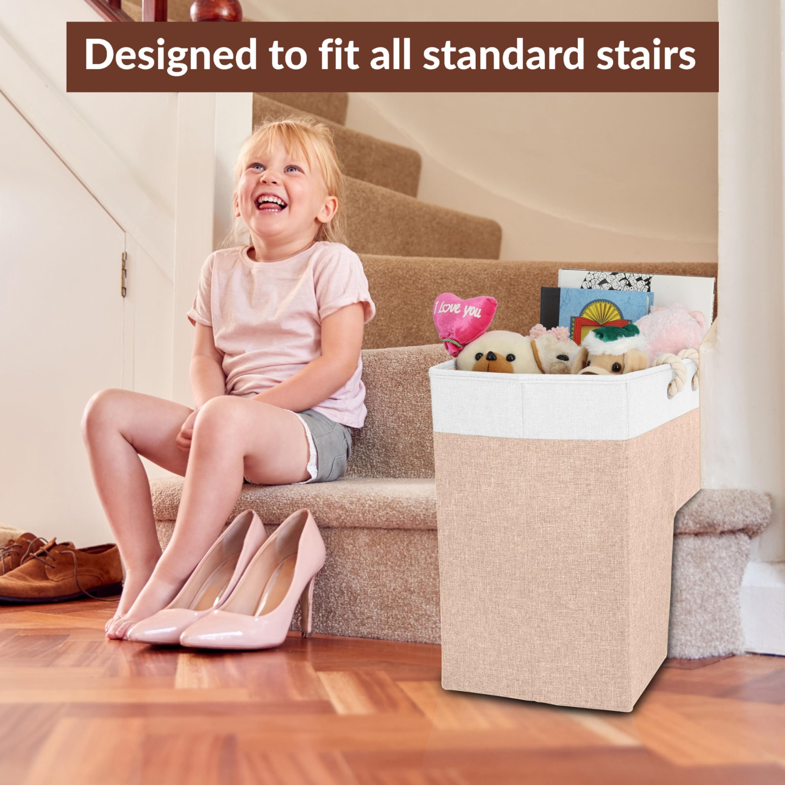 SAM AND MABEL foldable stair basket storage demonstrates easy flat storage.