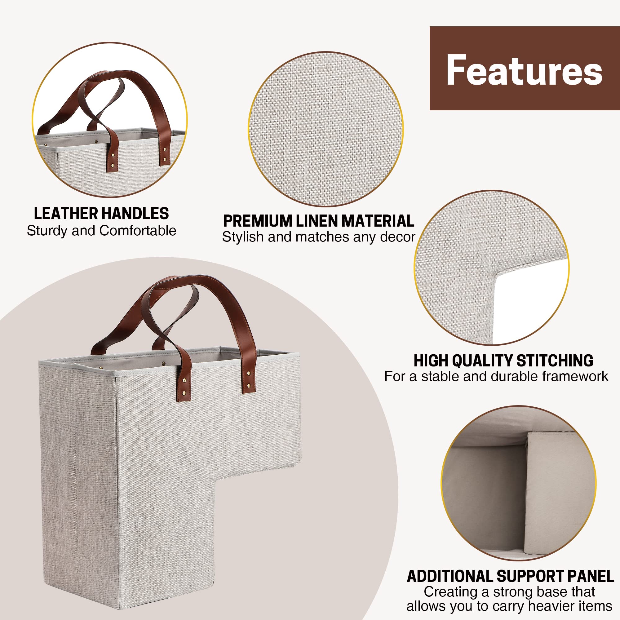 SAM AND MABEL natural beige stair basket blends with home decor while keeping stairs organized.