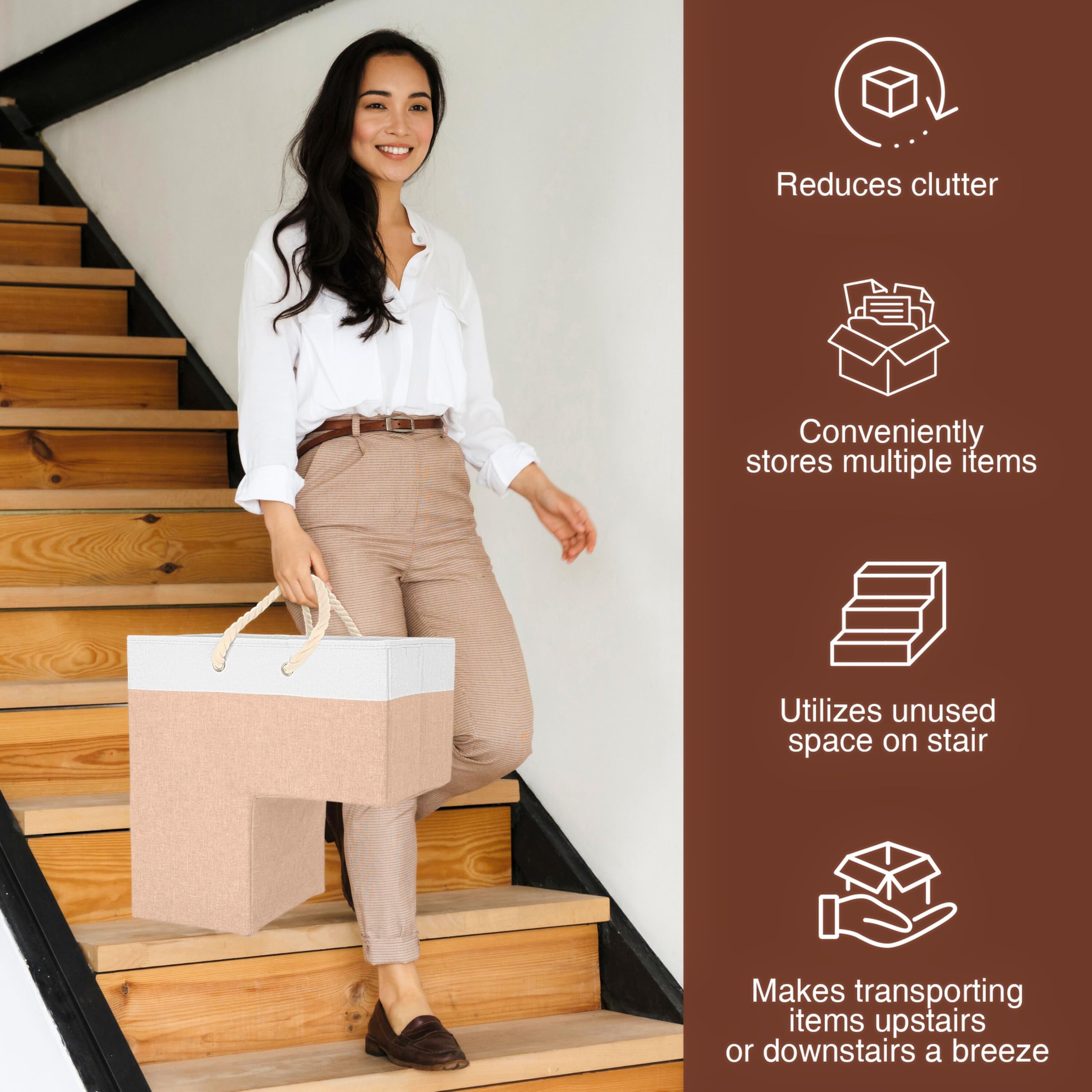 SAM AND MABEL stair basket organization shows clutter-free stairs solution.
