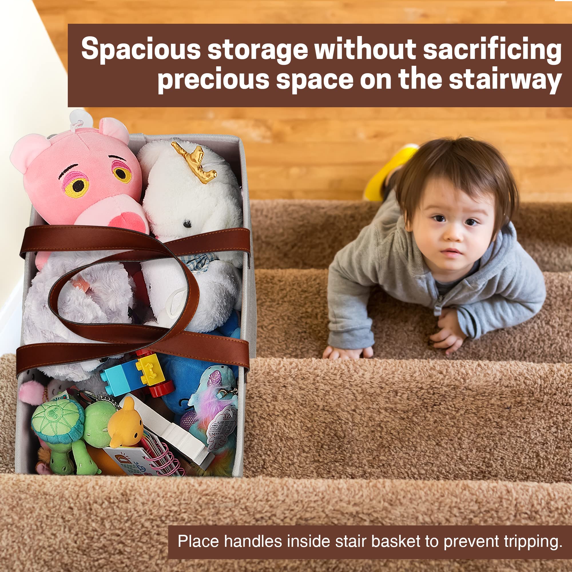 SAM AND MABEL stair basket with sturdy handles for easy transport.