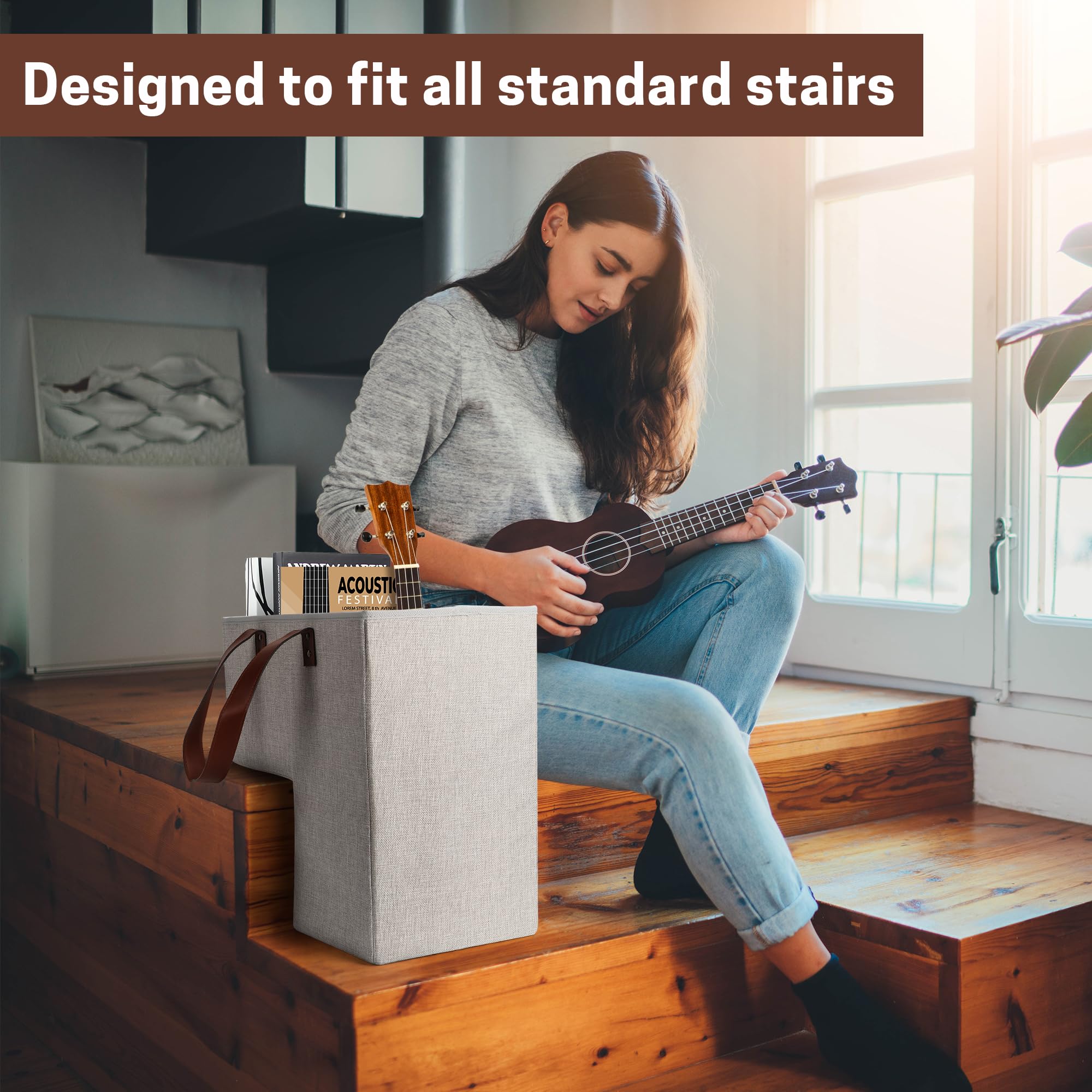 SAM AND MABEL stair basket on two steps keeps clutter organized with ease.
