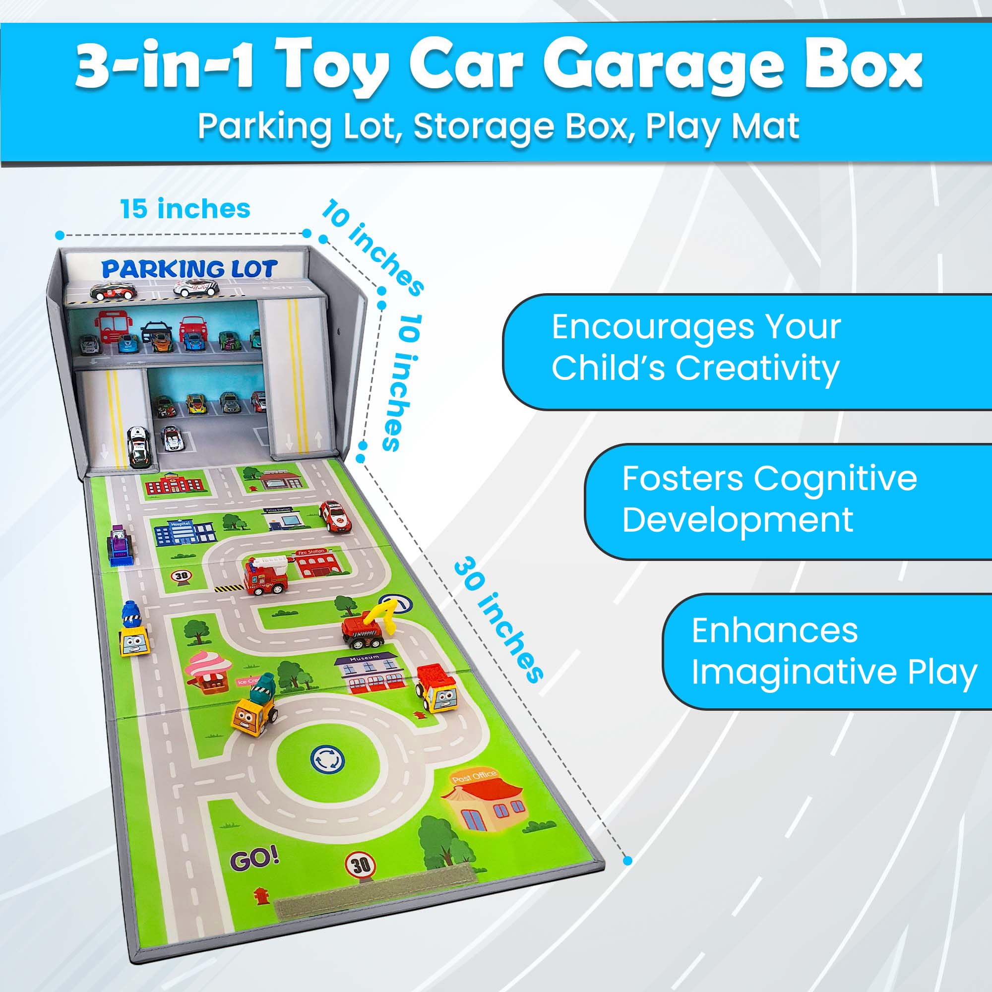 SAM AND MABEL toy car garage box folded play mat creates quick setup.