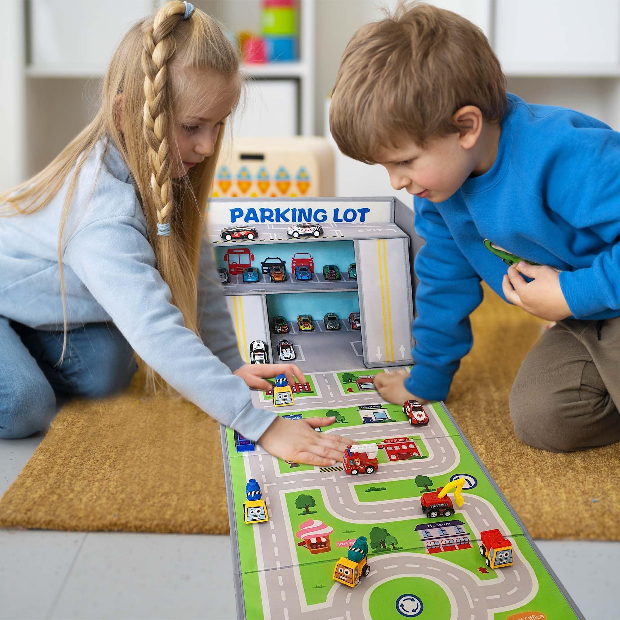 SAM AND MABEL toy car garage box play mat lid open, reveals play area.