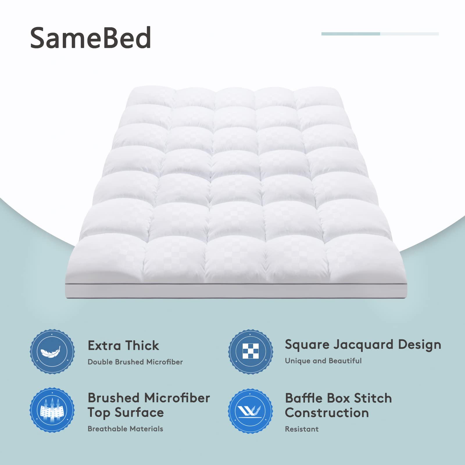 SameBed topper shows plush down-alternative filling for cloud-like comfort.