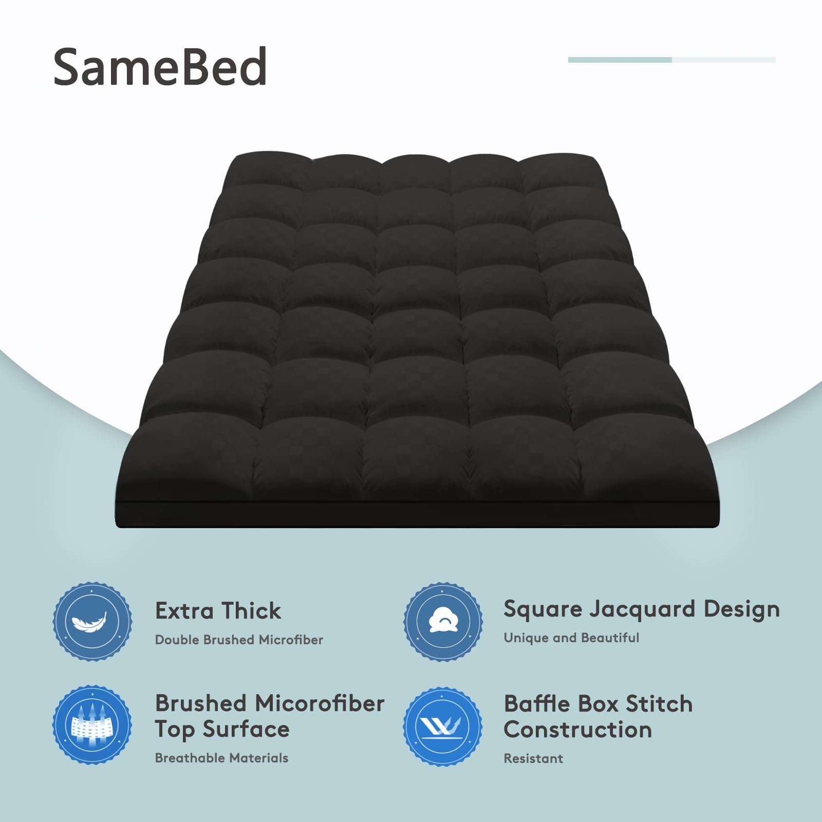 SameBed king topper box quilted design keeps fill in place for consistent loft.
