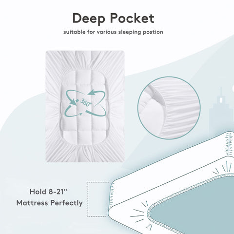 SameBed deep-pocket stretch skirt secures the topper on 8–21 inch mattresses.