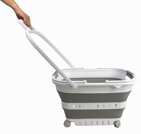 Sammart 35L collapsible basket with handle and wheels for easy transport.
