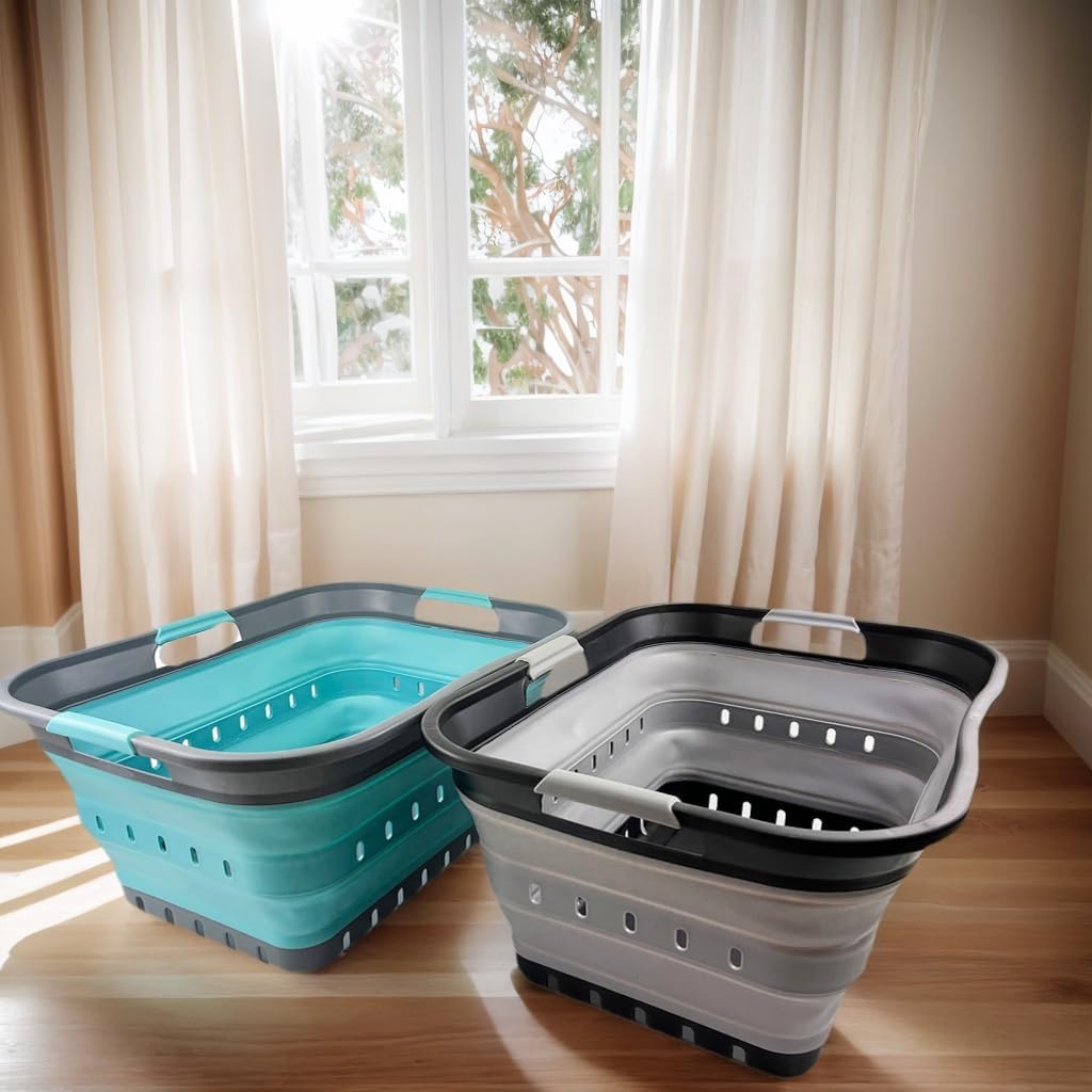 SAMMART 42L collapsible laundry basket folded flat for space-saving storage.