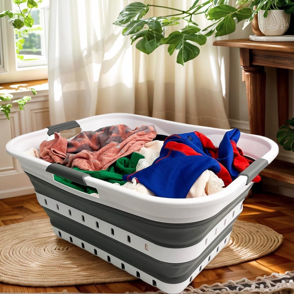 SAMMART 42L collapsible laundry basket folded flat for storage.