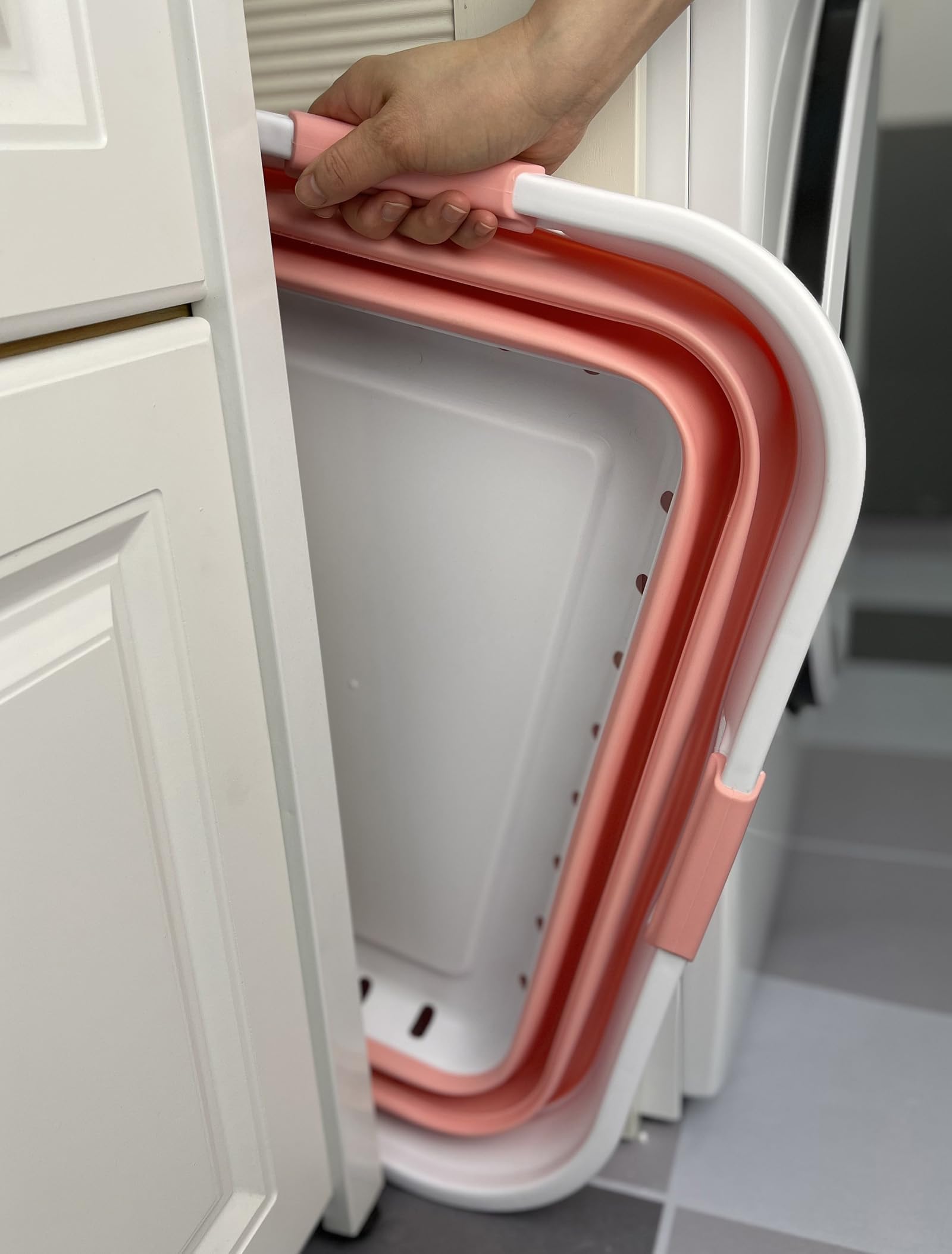 SAMMART white and quartz pink colorway adds soft style to laundry spaces.