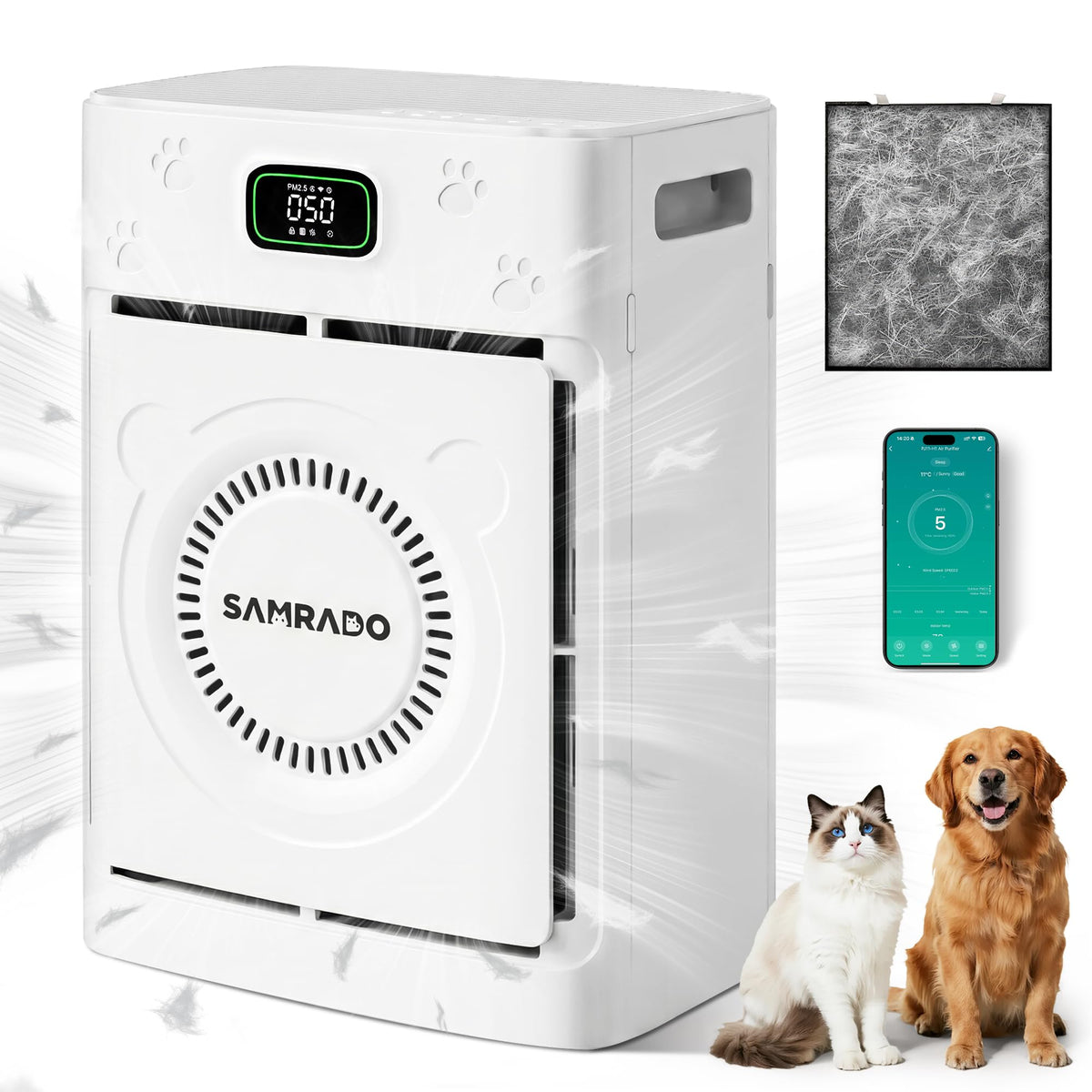 Samrado smart pet hair air purifier front view for a clean living space.