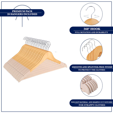 SAMSARC heavy-duty hangers for coats and pants with strong support and warp-resistant wood.