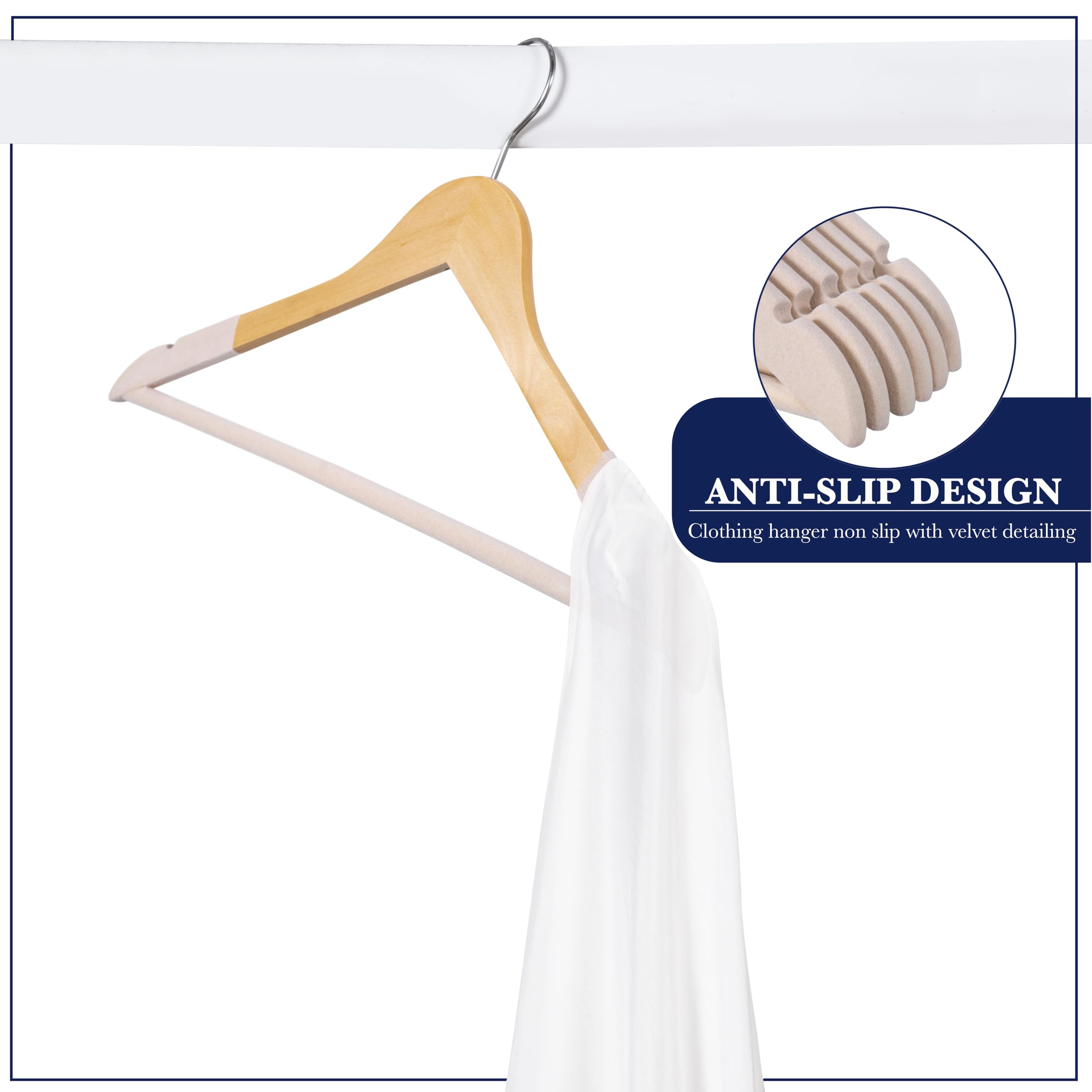 SAMSARC luxury wood hangers with notched shoulders maintaining garment shape while presenting neatly.