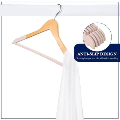 SAMSARC luxury wood hangers with notched shoulders maintaining garment shape while presenting neatly.