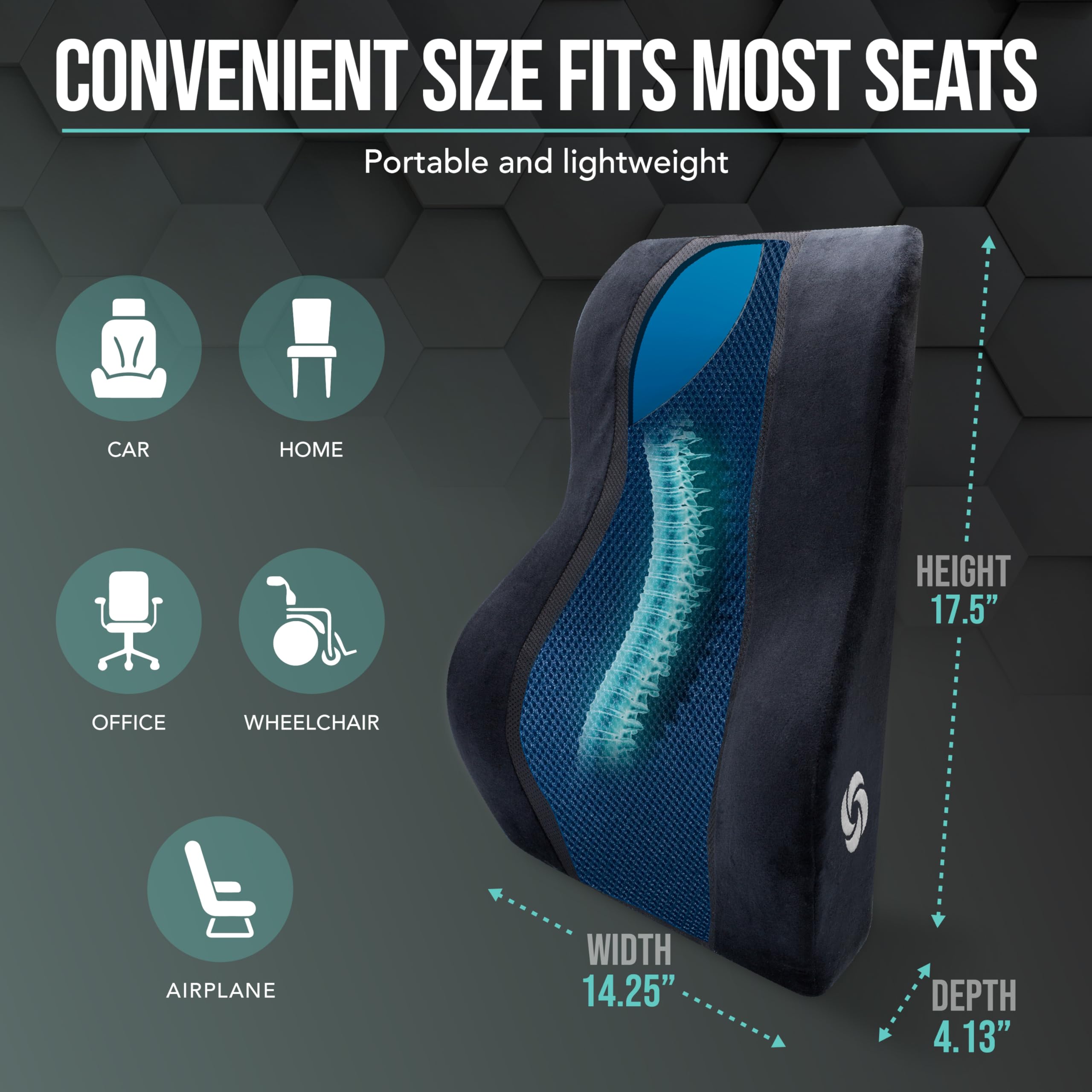 Samsonite black mesh lumbar cushion on chair for everyday use