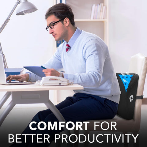 Lumbar pillow with gel-infused core visible for cooling comfort