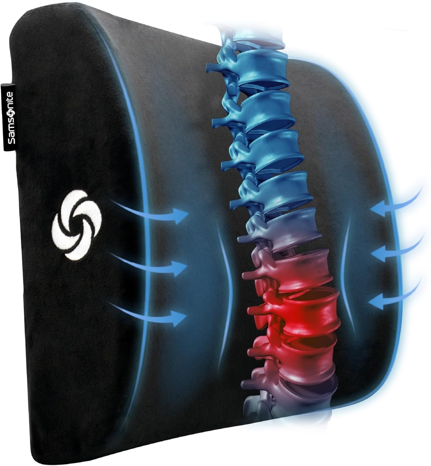 Samsonite lumbar support pillow front view offers ergonomic lower back alignment.