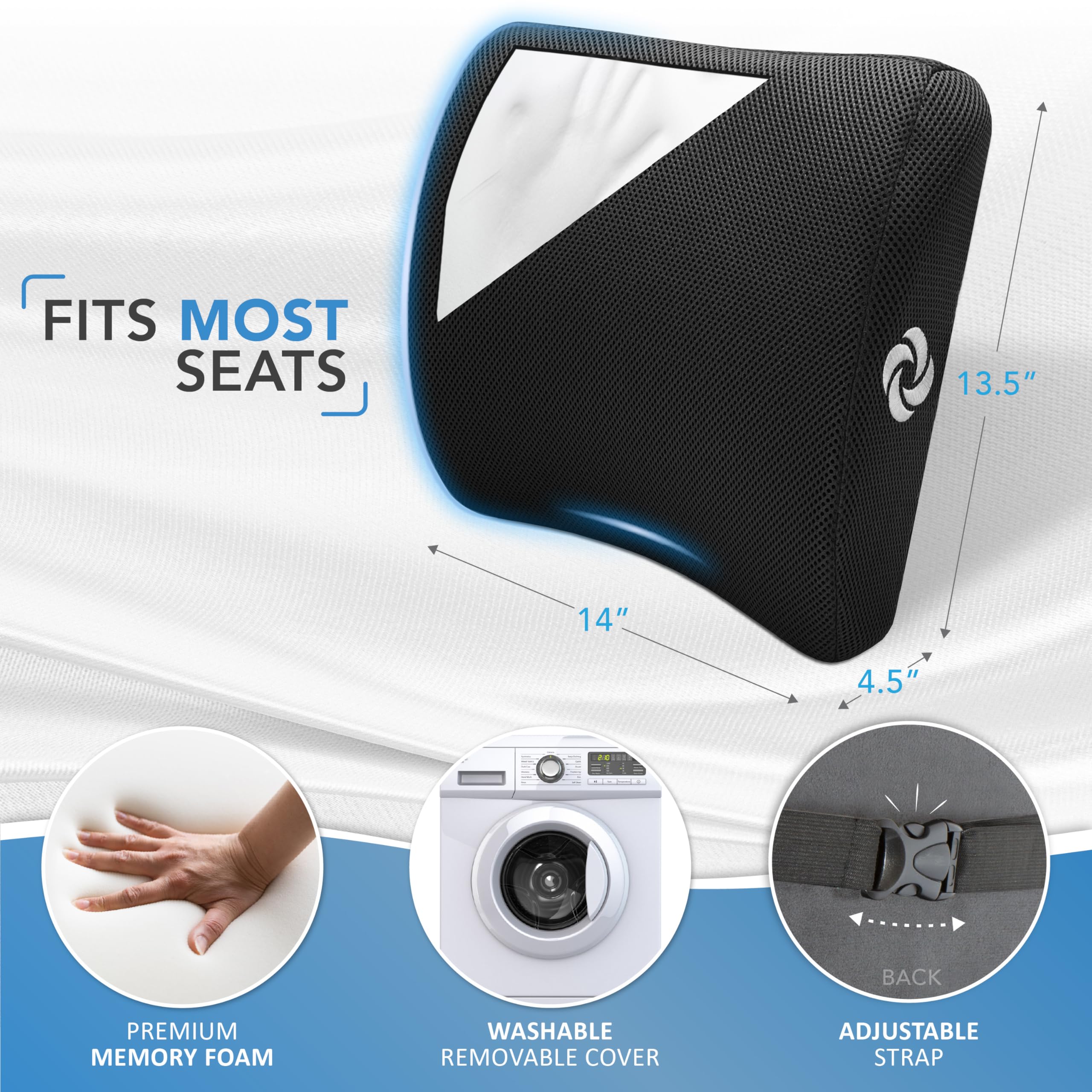Samsonite lumbar support pillow on seat with strap provides secure fit.