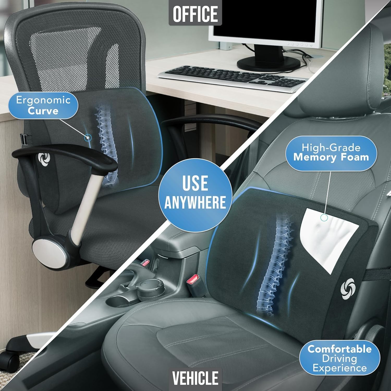 Adjustable strap secures cushion to car seat for stable placement.