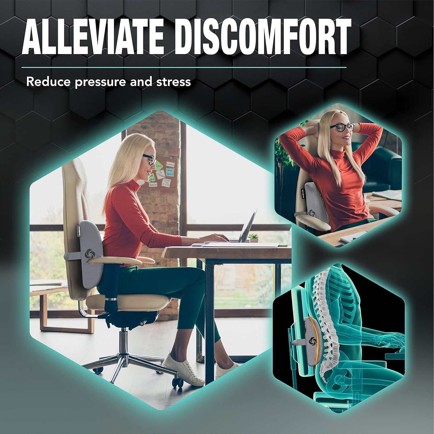 Samsonite memory foam lumbar pillow used in a car seat for comfortable drives.