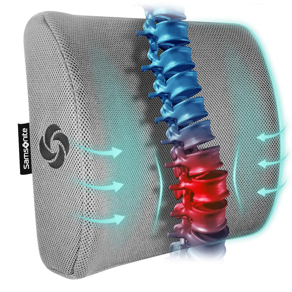 Samsonite memory foam lumbar pillow on an office chair delivering targeted back support.