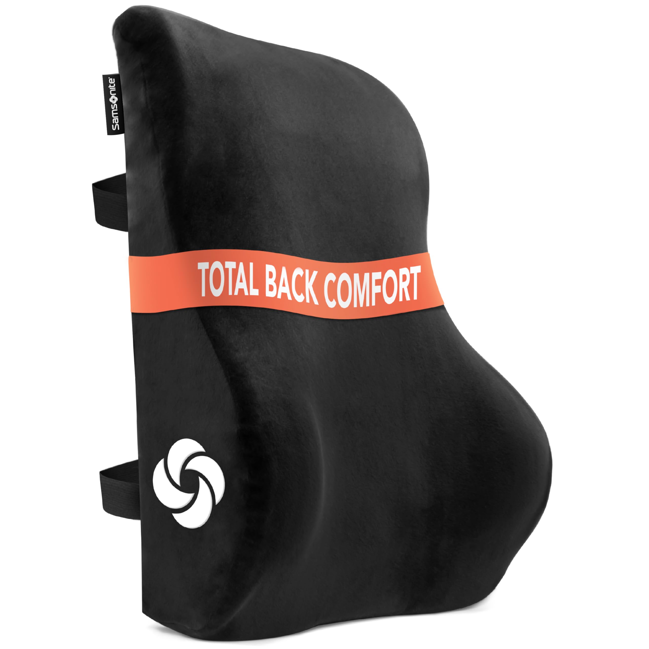 Samsonite memory foam lumbar pillow front view supports posture during long workdays.
