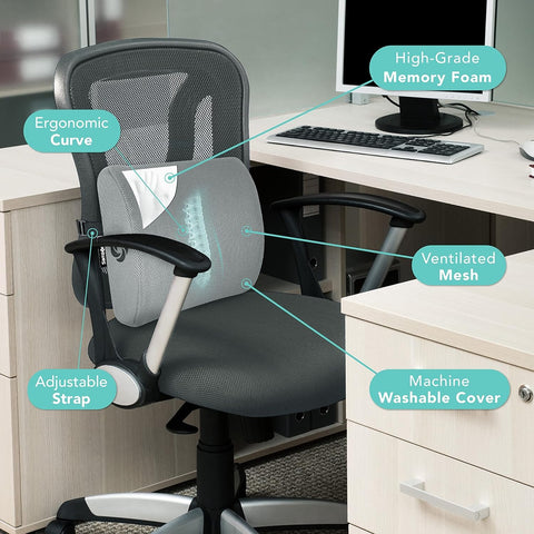 Samsonite slim-profile back cushion fits desks and cars without bulk.