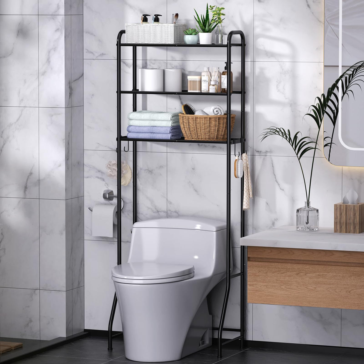 Samstar 3-tier over-the-toilet rack in black for compact bathroom storage.