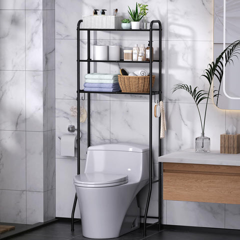Samstar 3-tier over-the-toilet rack in black for compact bathroom storage.