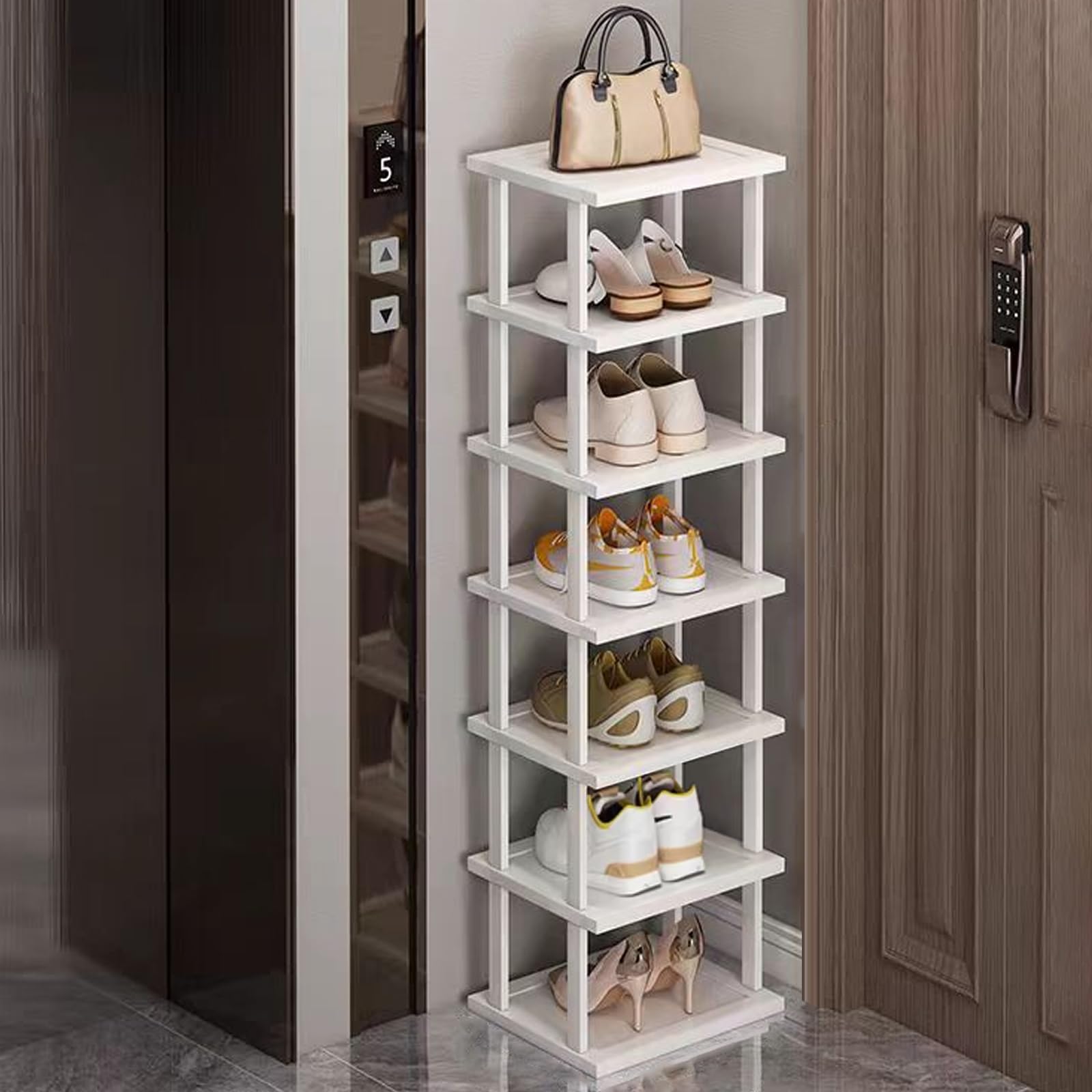 SAN HE 7-Tier bamboo shoe rack top view highlights compact space-saving design.